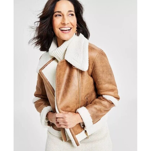 I.N.C. International Concepts Women's Cropped Faux-Leather Aviator Jacket Tan XL - Picture 1 of 10